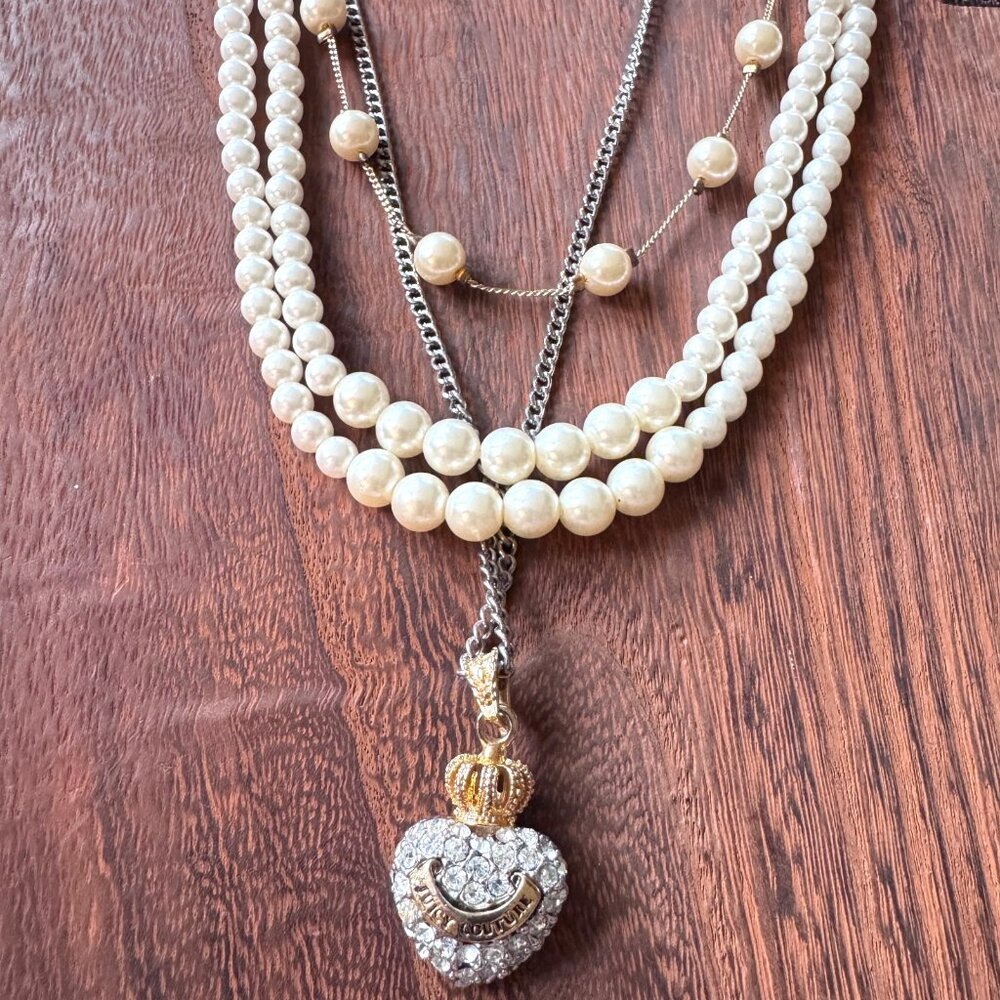 Juicy Couture 3 tier necklace 1. puffy heart crownpave charm 2 & 3 pearls
